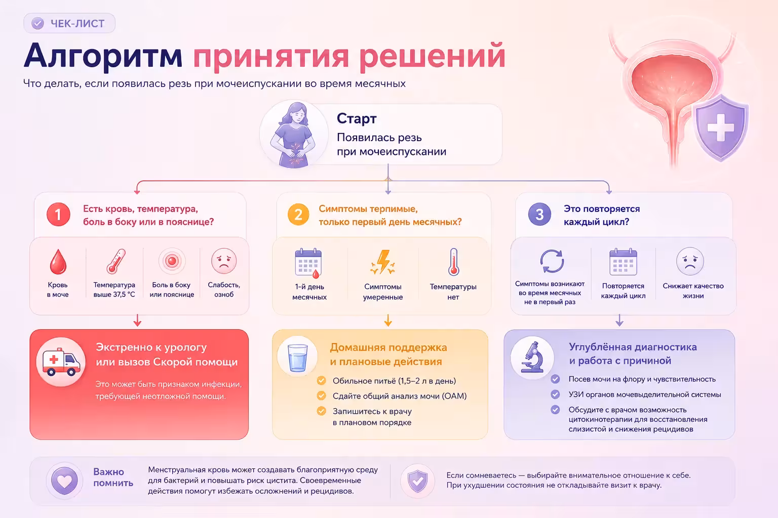 Пошаговый алгоритм действий при появлении симптомов цистита во время месячных