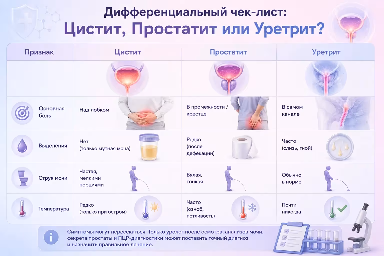  Сравнительная таблица симптомов цистита, простатита и уретрита