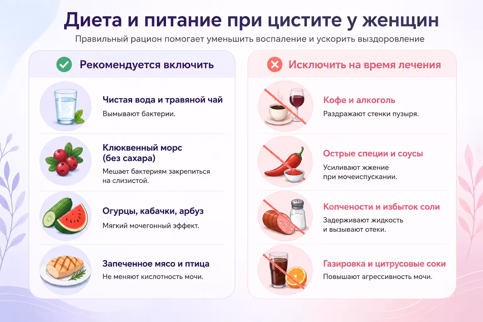 Диета при цистите у женщин: список продуктов.