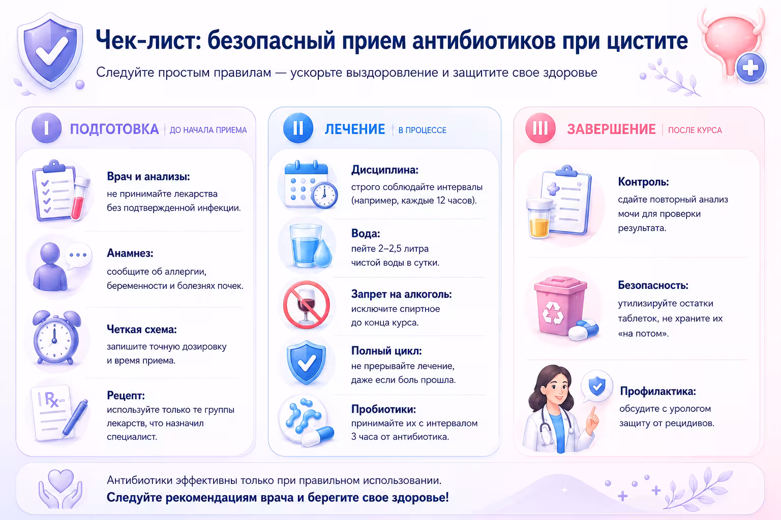 Инфографика с правилами приема антибиотиков при цистите