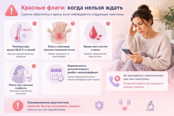 Инфографика «красные флаги» при цистите: симптомы для срочного обращения к врачу.