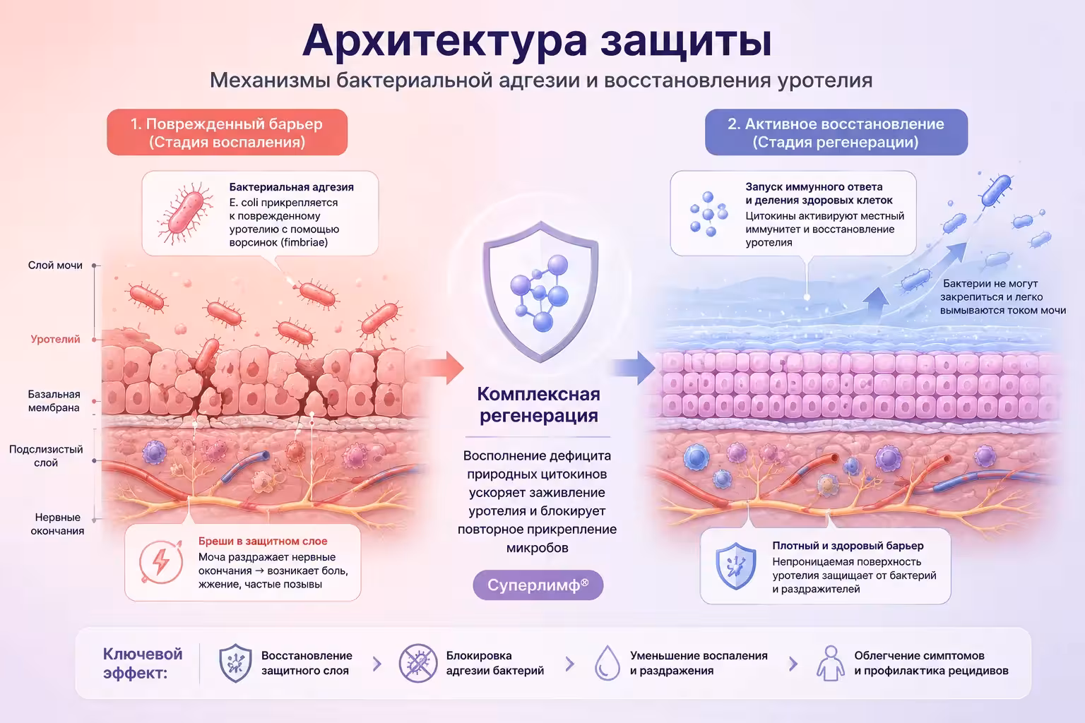 Схема механизмов бактериальной адгезии и регенерации уротелия