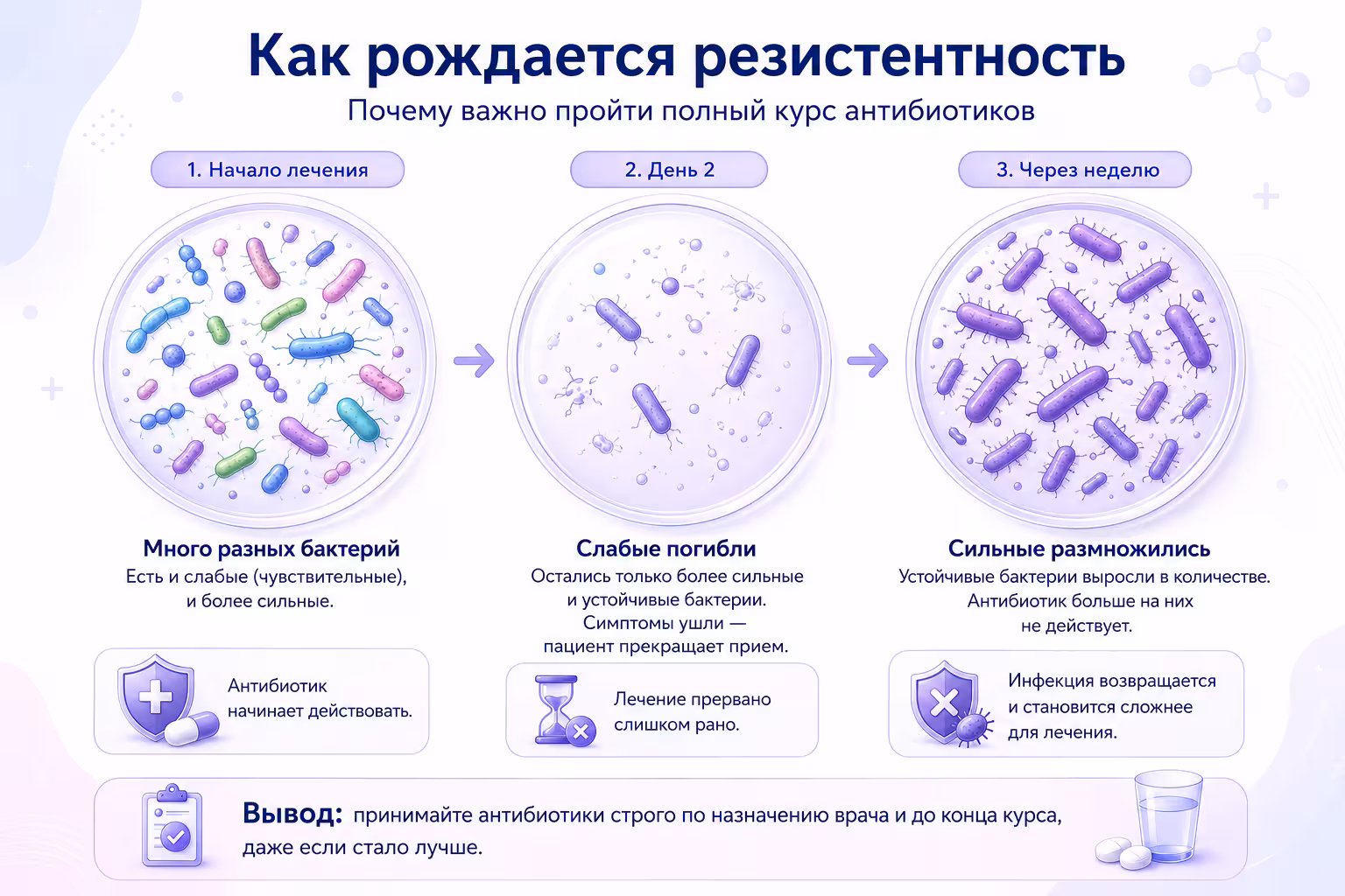 Схема развития устойчивости (резистентности) бактерий к антибиотикам