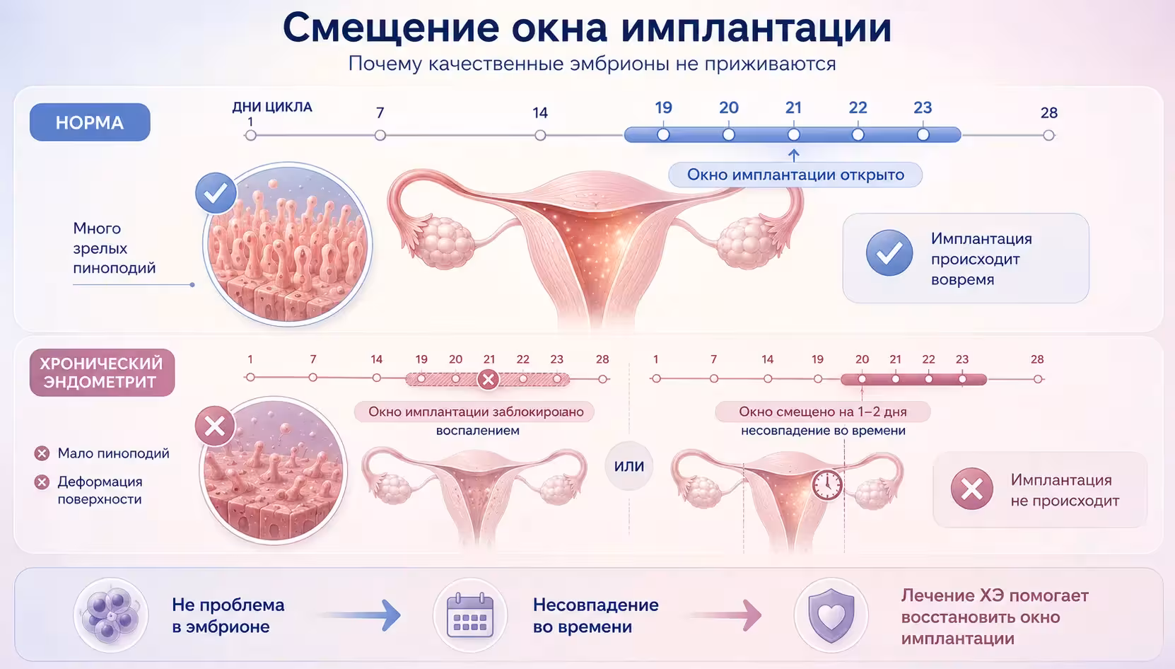 Сравнительная схема окна имплантации в норме и при хроническом эндометрите